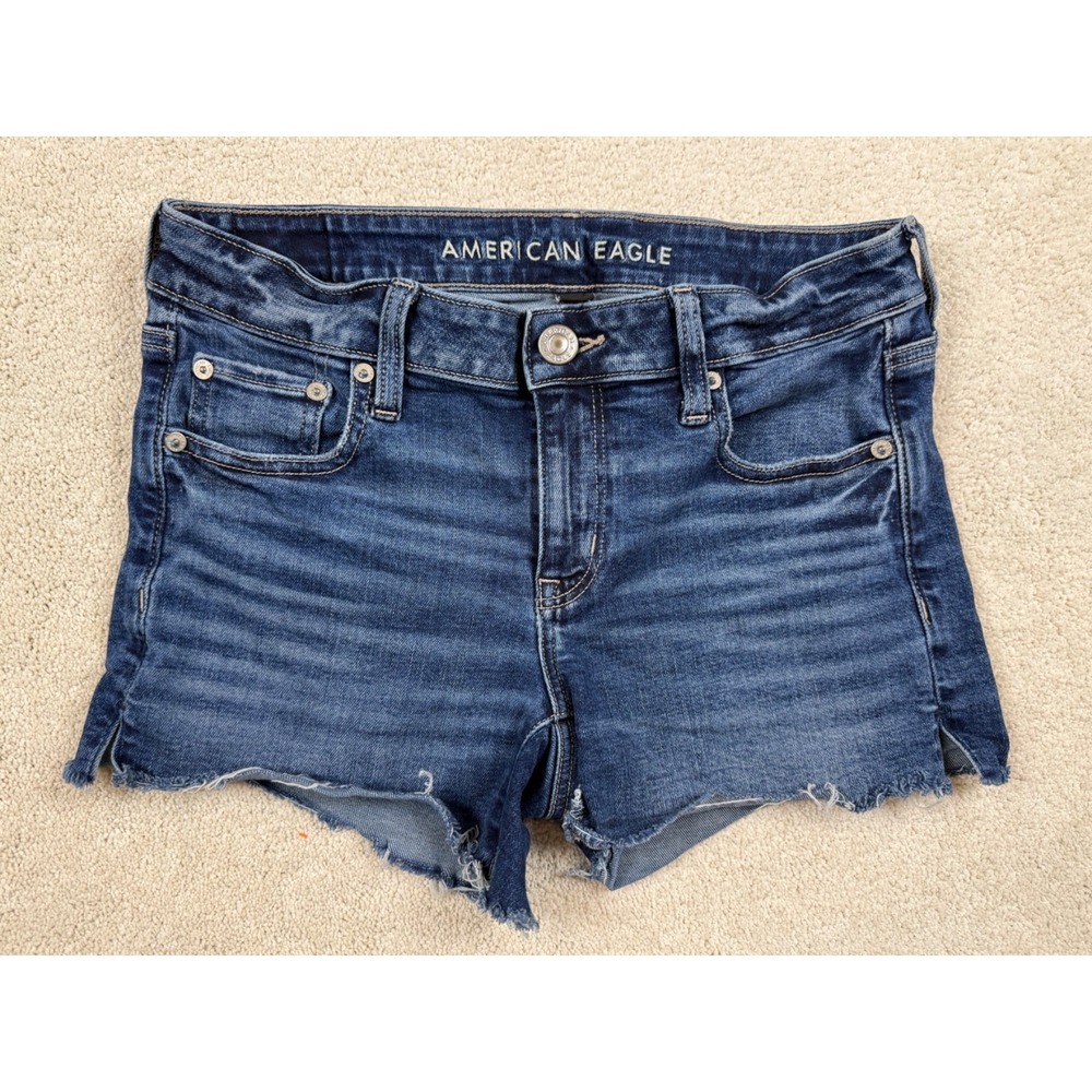 AMERICAN EAGLE Women's Midi Cutoff Blue Stretch Denim Shorts Sz 4 (28") #1442
